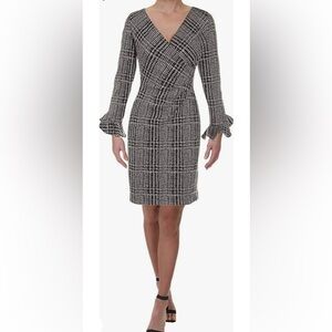 Ralph Lauren Monochrome Houndstooth Dress Size 16 Ruched Stretch